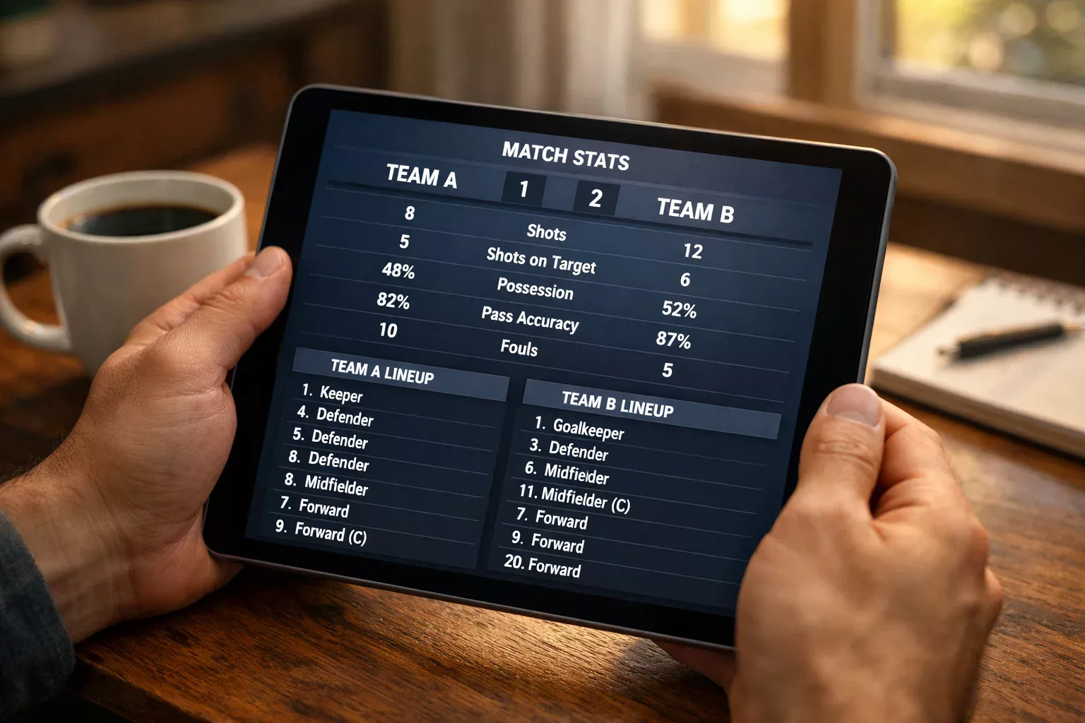 Persona analizando datos de partidos de fútbol en una tablet con estadísticas en pantalla