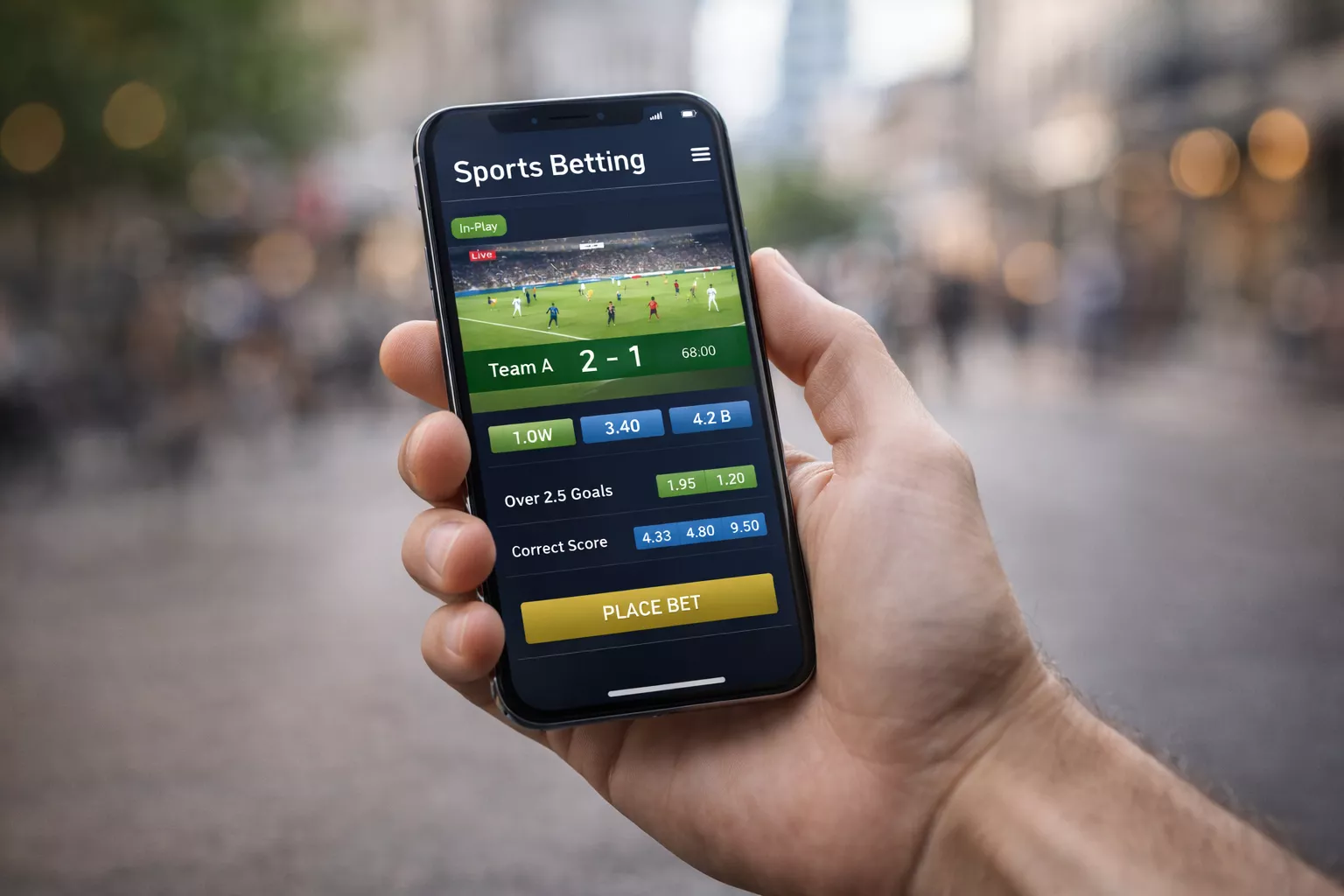 Smartphone mostrando aplicación de apuestas deportivas con interfaz moderna