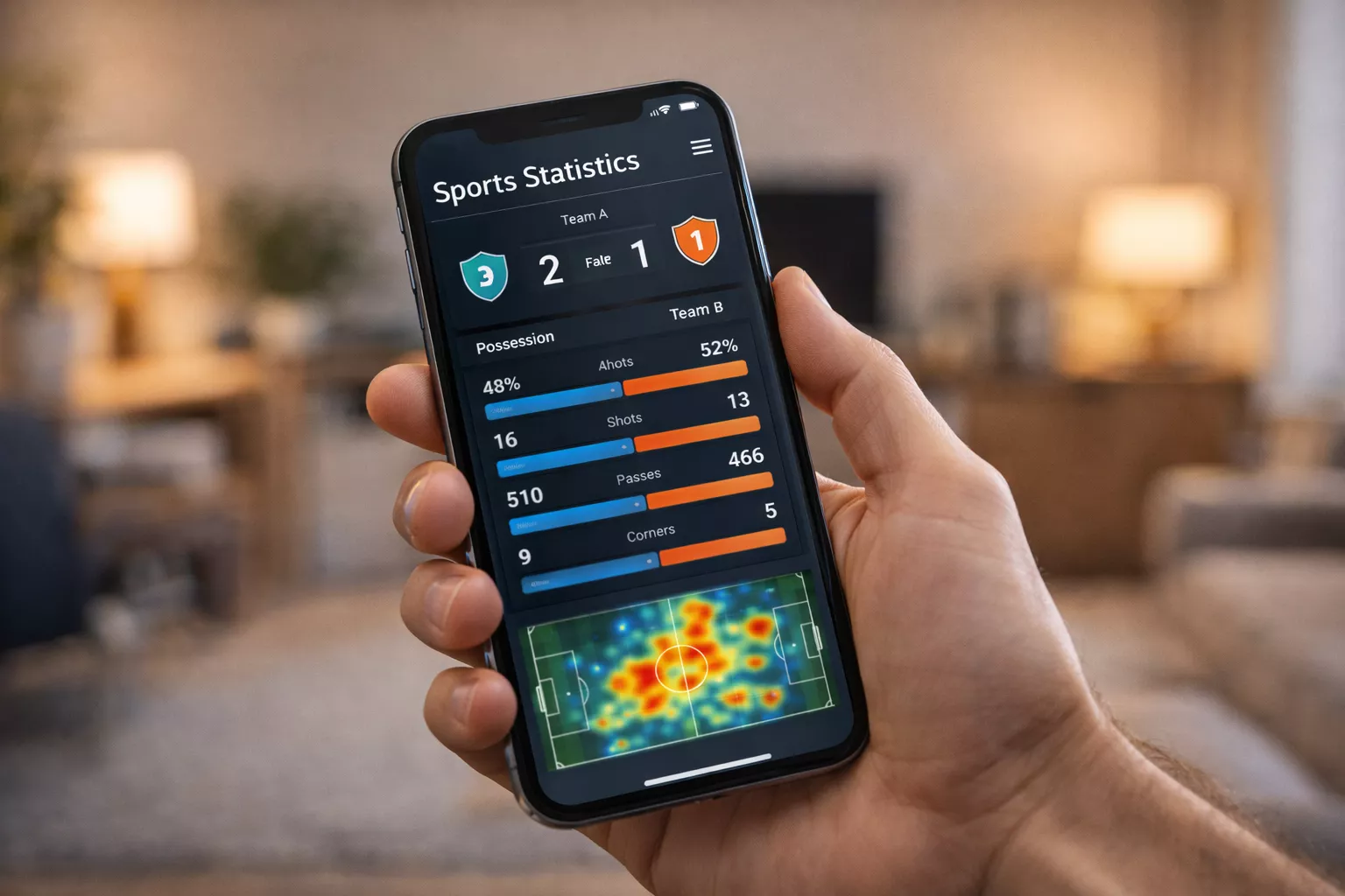 Smartphone mostrando aplicación de estadísticas deportivas