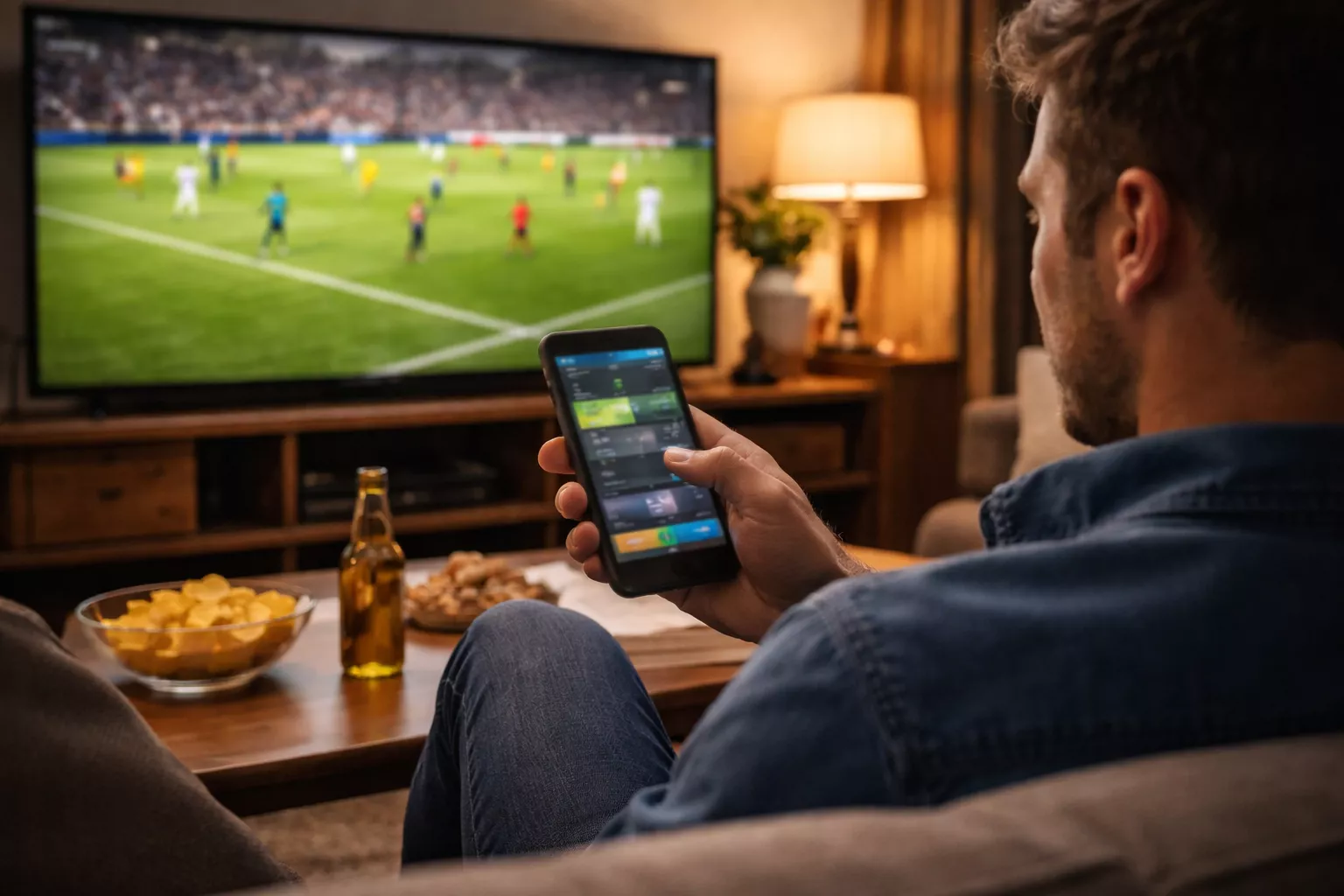 Aficionado viendo un partido de fútbol en televisión con su smartphone en la mano