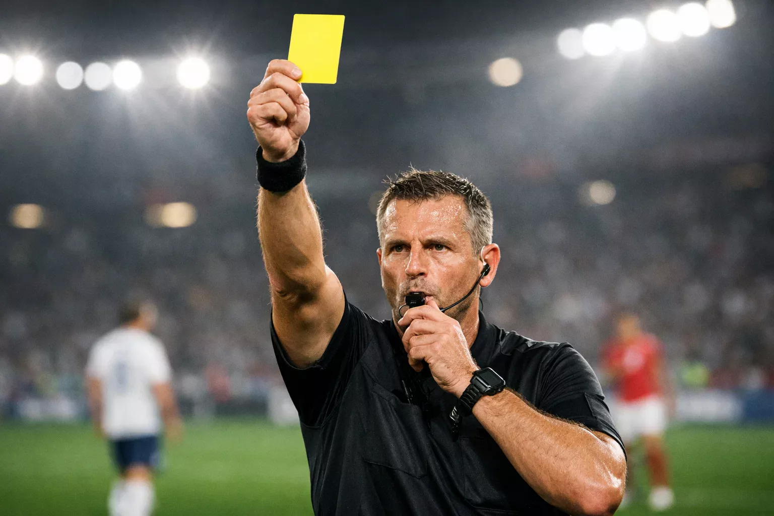 Árbitro de fútbol mostrando tarjeta amarilla durante un partido