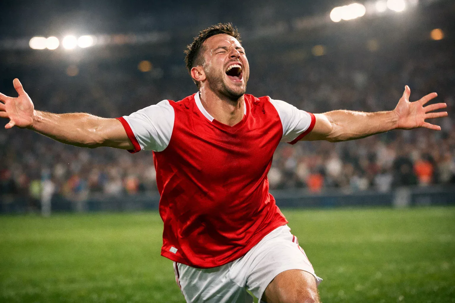 Jugador de fútbol celebrando un gol con los brazos abiertos