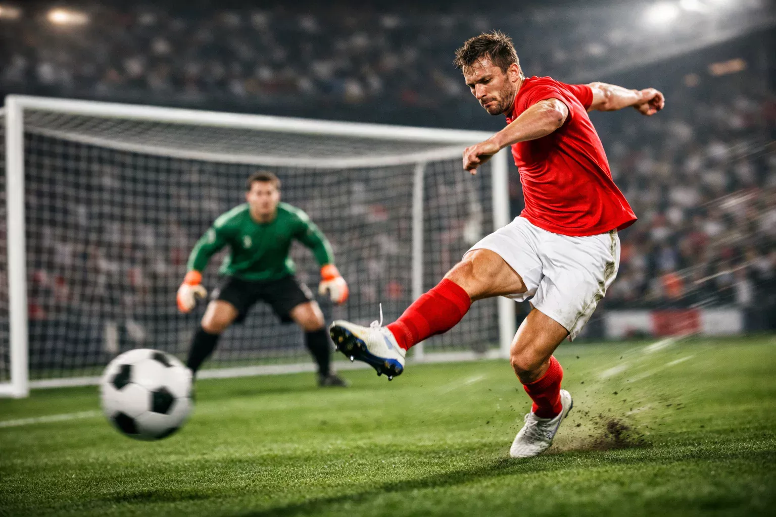 Delantero de fútbol preparando un disparo a portería