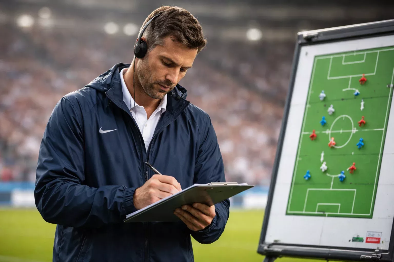 Entrenador de fútbol tomando notas durante un partido