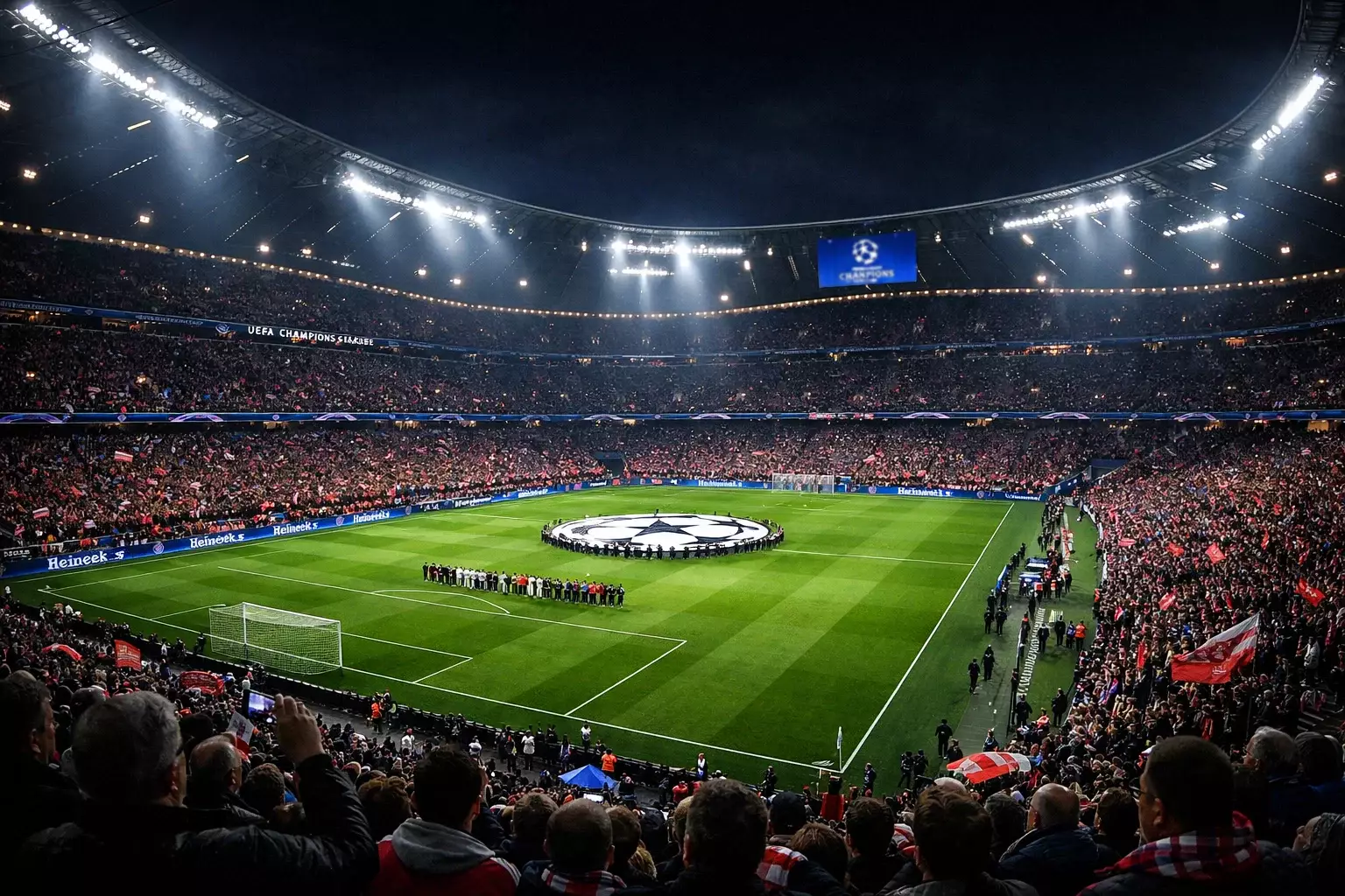 Estadio de fútbol con partido de Champions League en juego