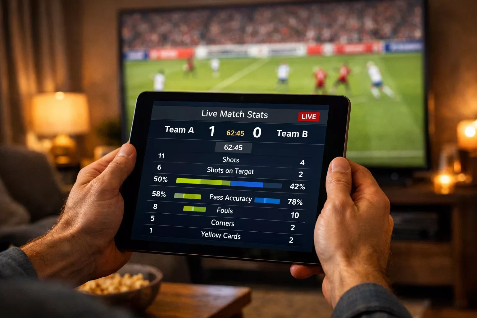 Persona consultando estadísticas de partido en tablet durante el encuentro