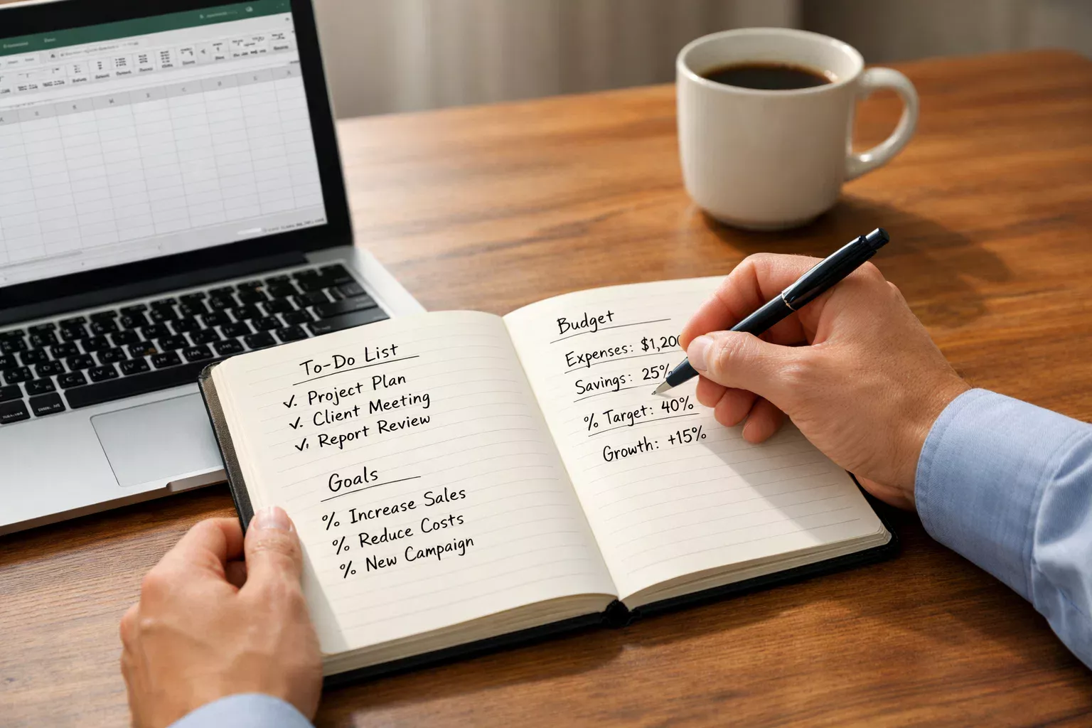 Persona escribiendo en un cuaderno con notas y cálculos junto a un portátil