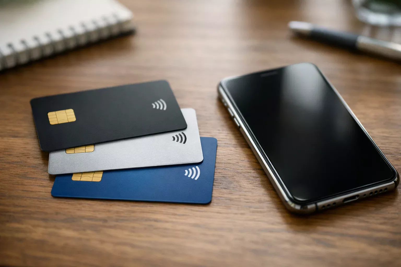 Tarjetas de crédito y smartphone representando métodos de pago digitales