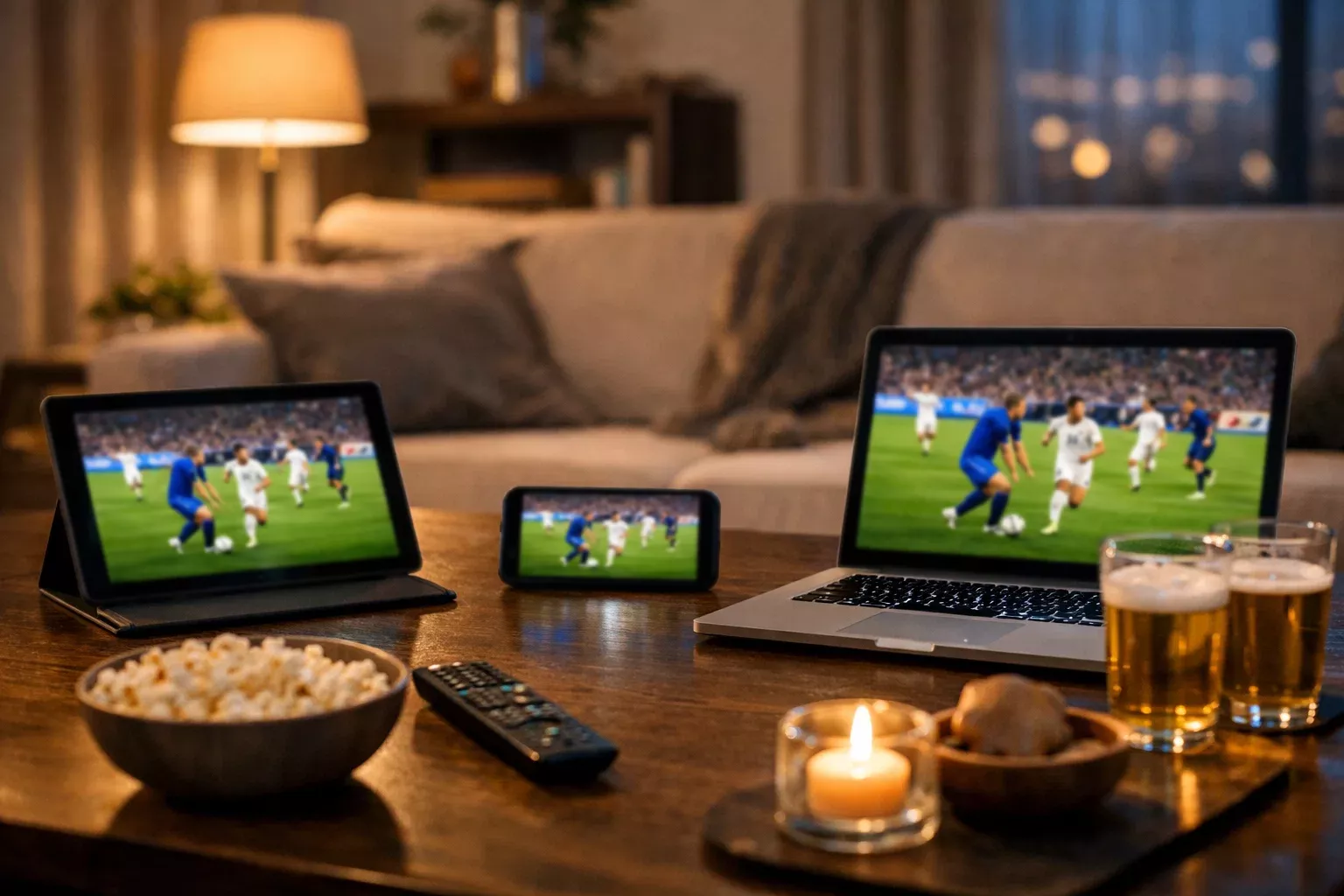 Múltiples dispositivos mostrando streaming de partido de fútbol
